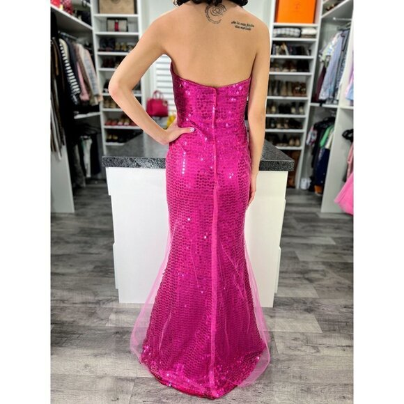 Jovani Magenta Pink Sequined Mesh Strapless Barbiecore Formal Gown $395 - Picture 6 of 12